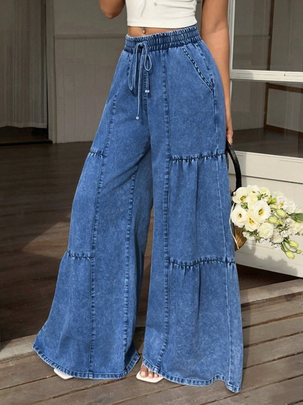 Blue Casual Women's Elastic Waist Wide Leg Jeans